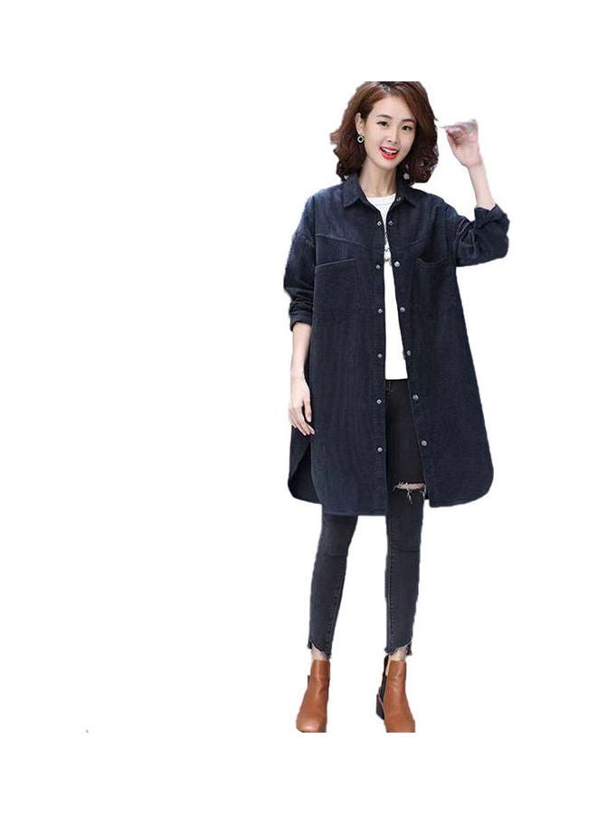 قميص نسائي كاجوال من قماش مخملي بأزرار مغطية انديغو - Image 3