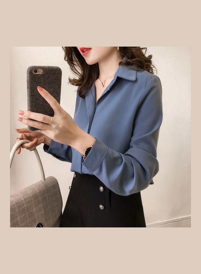 Long Sleeve Blouse Simple Solid Color Blue - Image 1