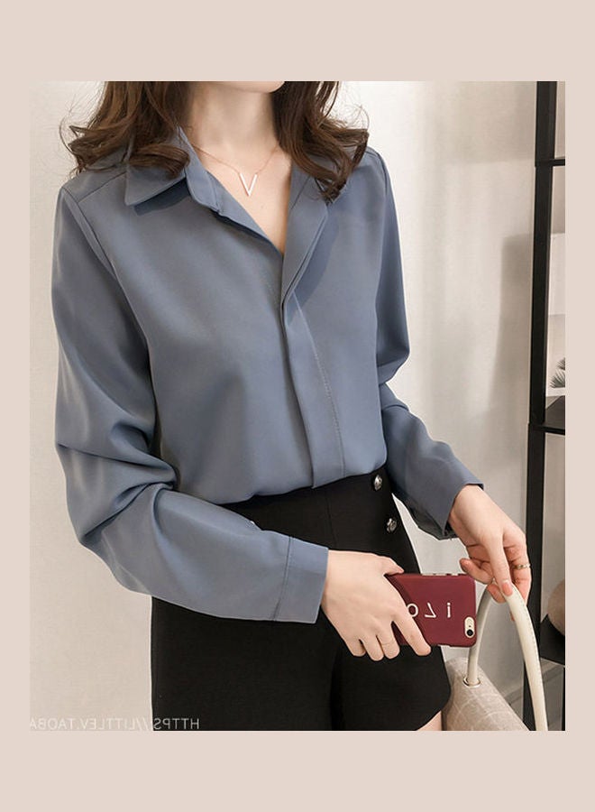Long Sleeve Blouse Simple Solid Color Blue - Image 3