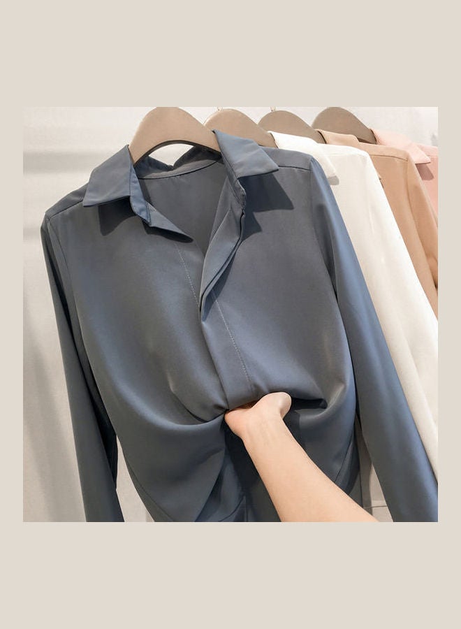 Long Sleeve Blouse Simple Solid Color Blue - Image 4