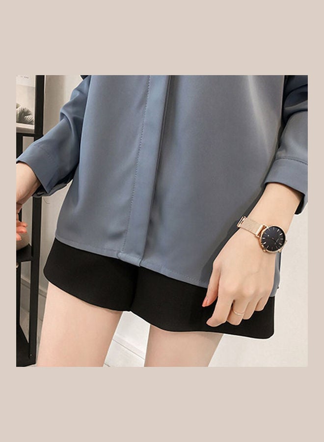 Long Sleeve Blouse Simple Solid Color Blue - Image 5