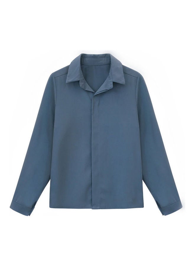 Long Sleeve Blouse Simple Solid Color Blue - Image 2