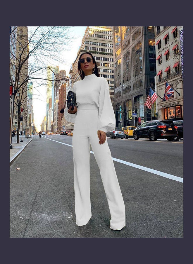 Backless Long Sleeve Casual Jumpsuit Pants White  - Image 1