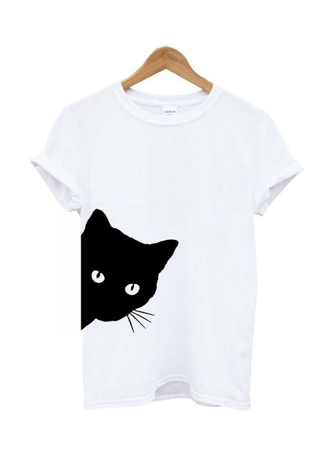Women Cat Print Short Sleeve T-shirt White - Image 1