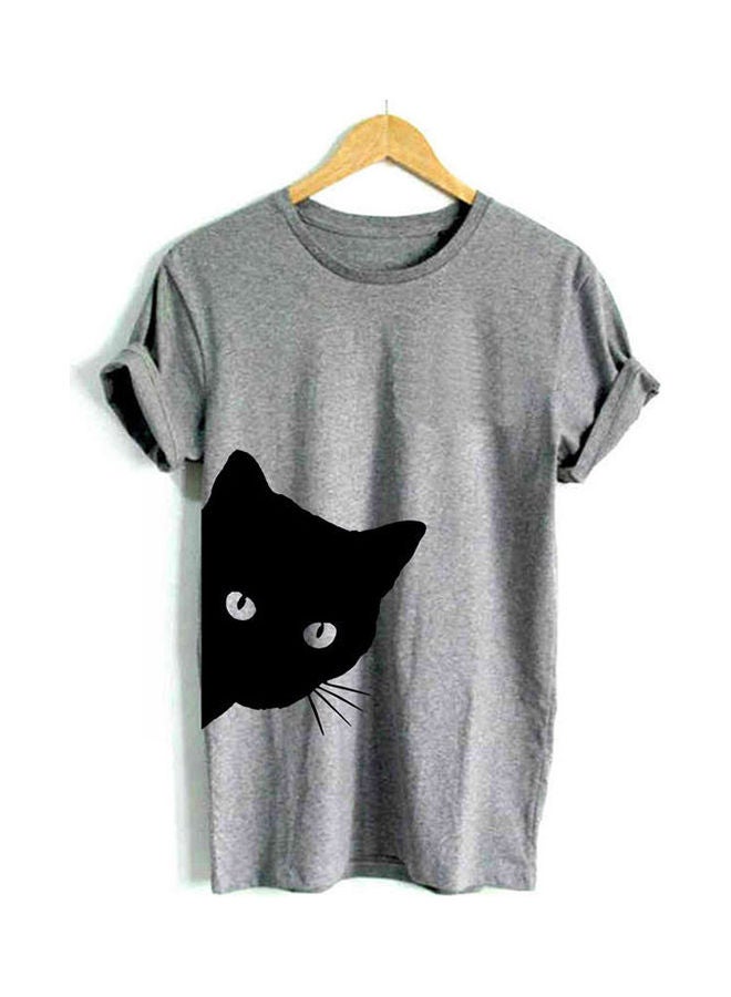 Women Cat Print Short Sleeve T-shirt Grey - Image 1