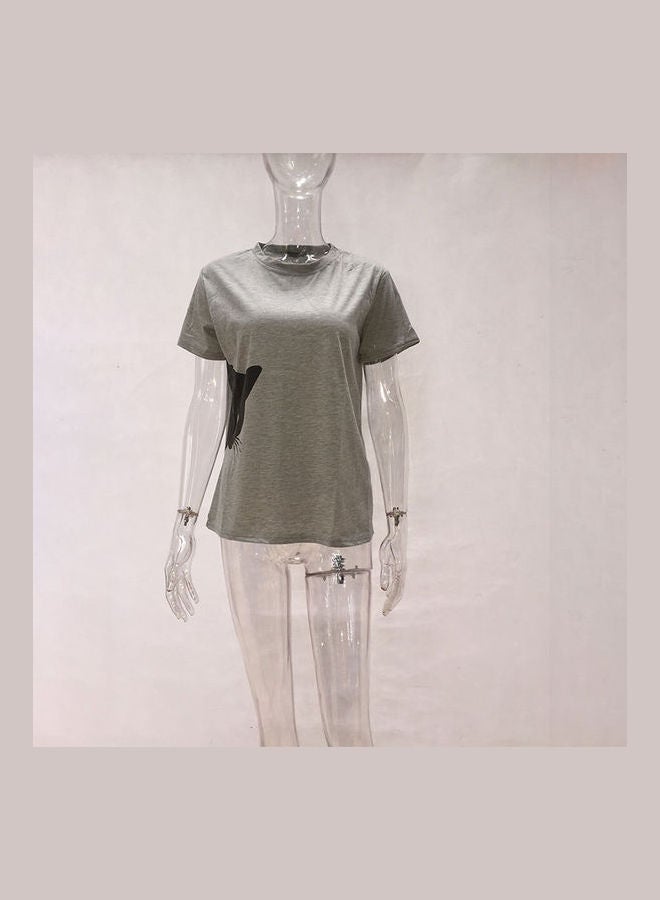 Women Cat Print Short Sleeve T-shirt Grey - Image 3