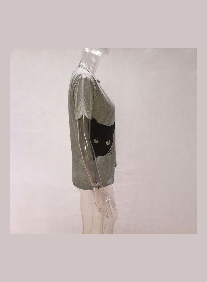 Women Cat Print Short Sleeve T-shirt Grey - Image 4
