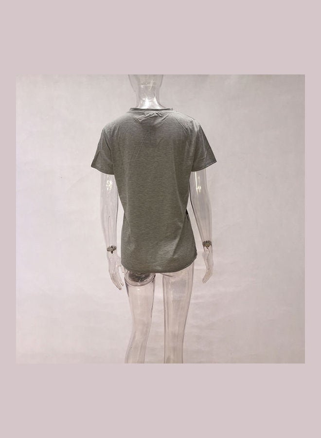 Women Cat Print Short Sleeve T-shirt Grey - Image 5