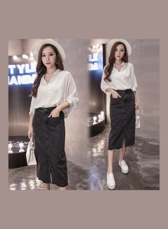 Women Medium-length Front Slit High Waist Denim Skirt Black