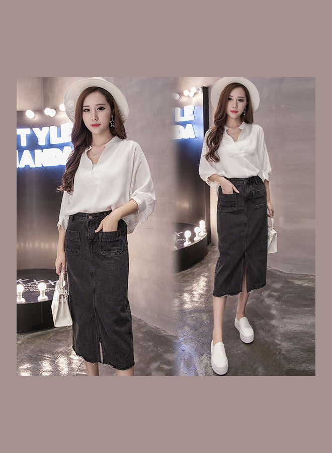 Generic - Women Medium-length Front Slit High Waist Denim Skirt Black - Image 1