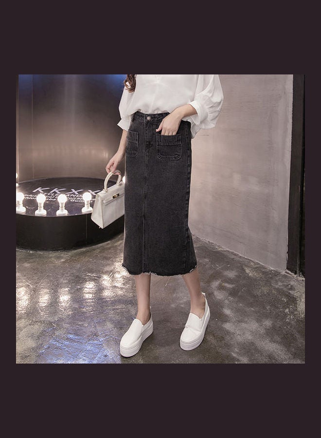 Generic - Women Medium-length Front Slit High Waist Denim Skirt Black - Image 1