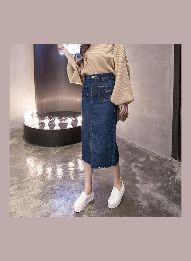 High Waist Denim Skirt Navy Blue - Image 2