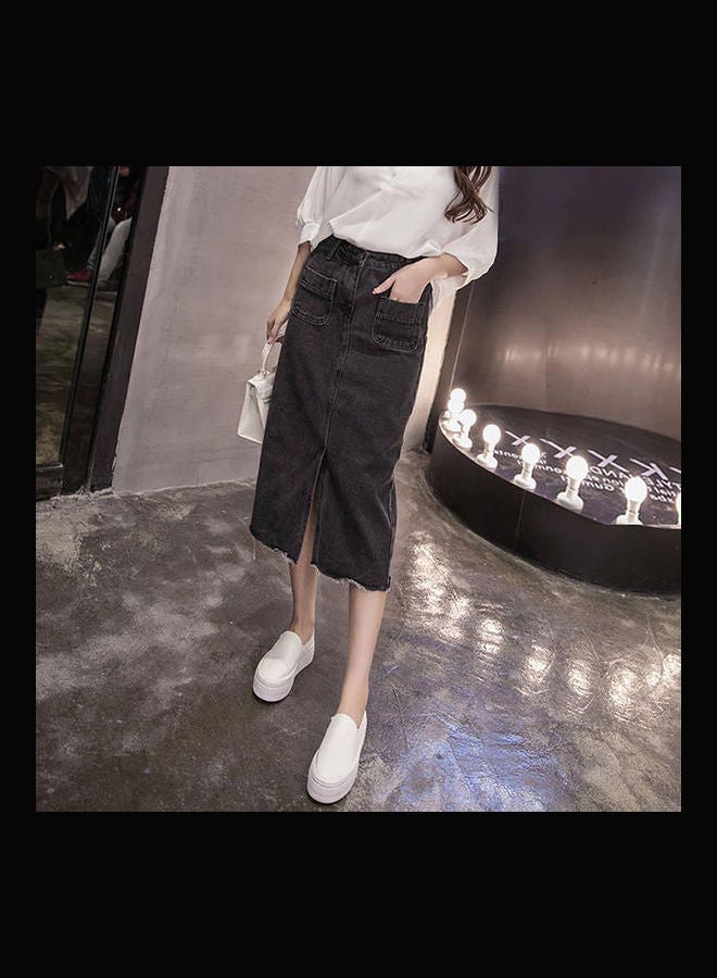 Generic - Women Medium-length Front Slit High Waist Denim Skirt Black - Image 1