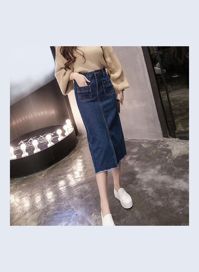 High Waist Denim Skirt Navy Blue - Image 3