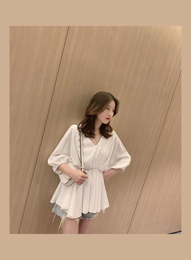 V Collar Tight Waist Chiffon Shirt White  - Image 1