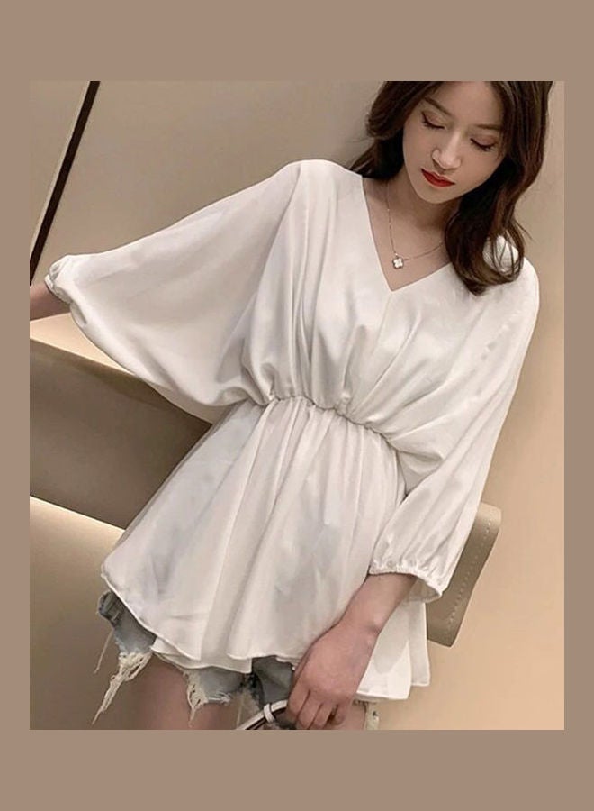 V Collar Tight Waist Chiffon Shirt White  - Image 2