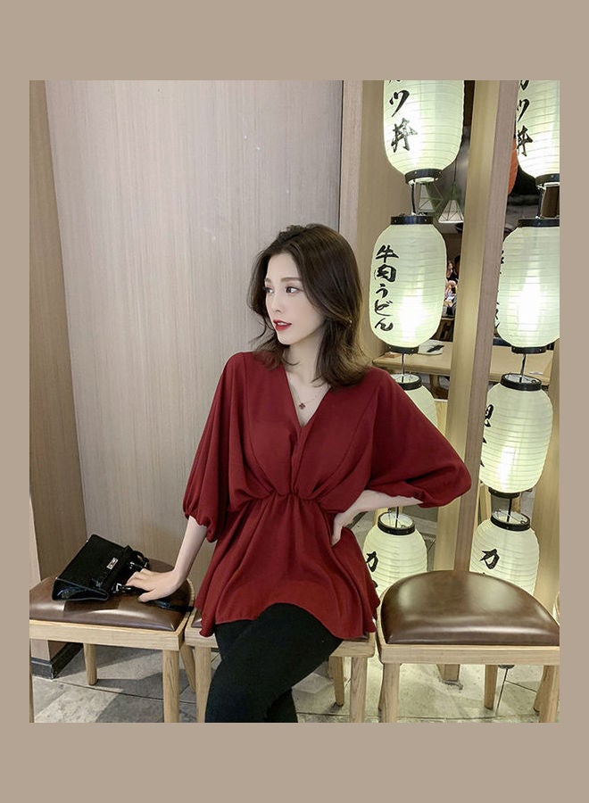 V Neck Tight Waist Chiffon Shirt Wine Red - Image 2