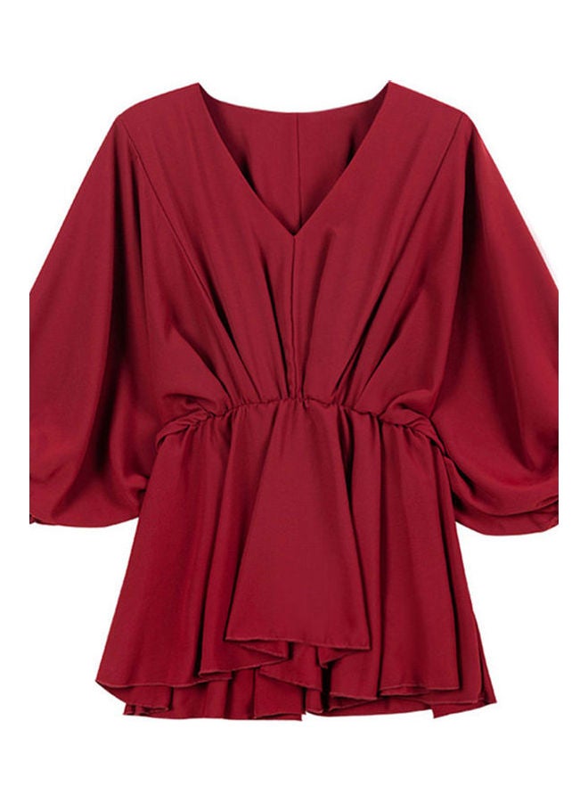 V Neck Tight Waist Chiffon Shirt Wine Red - Image 1