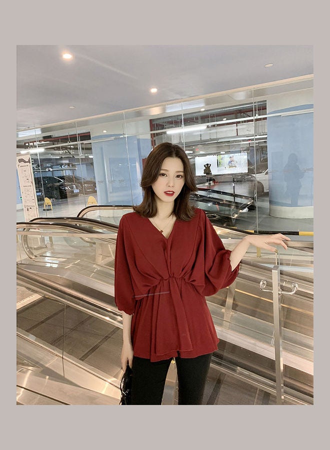 V Neck Tight Waist Chiffon Shirt Wine Red - Image 3