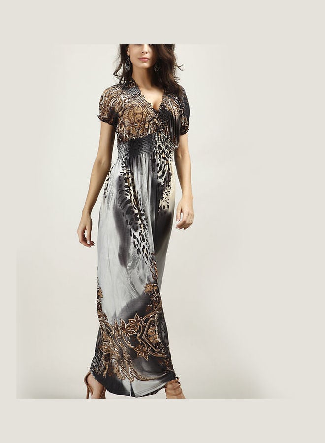 V Collar Printing Ice Silk Bohemian Cooling Dress Grey