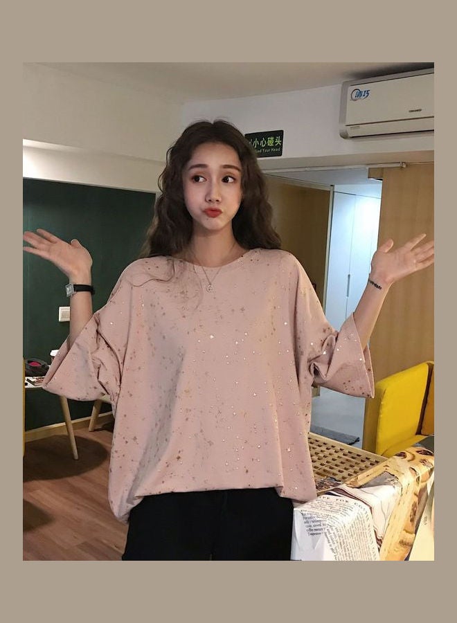 Round Neck Solid Color Cotton Top Pink
