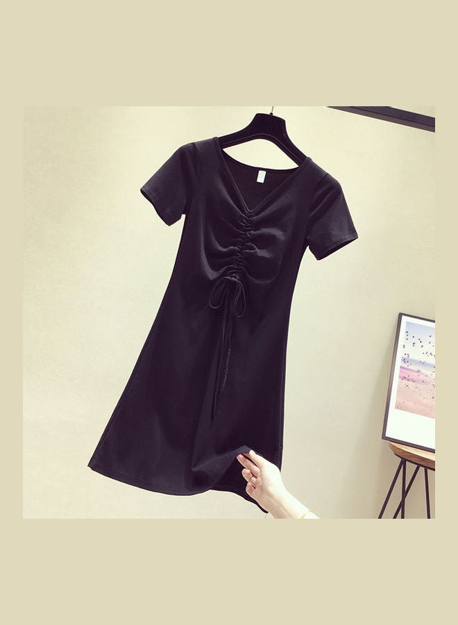 Casual Avocado Green Drawstring Dress Black - Image 2