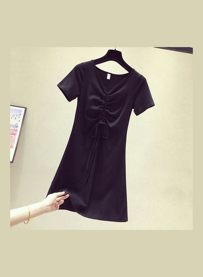 Casual Avocado Green Drawstring Dress Black - Image 3