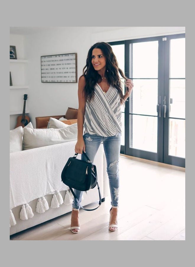 V-Neck Sleeveless Casual Sling Top Grey/White  - Image 1