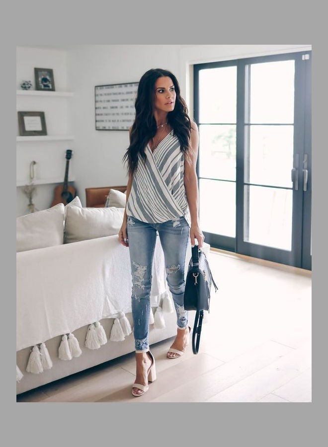 V-Neck Sleeveless Casual Sling Top Grey/White  - Image 2
