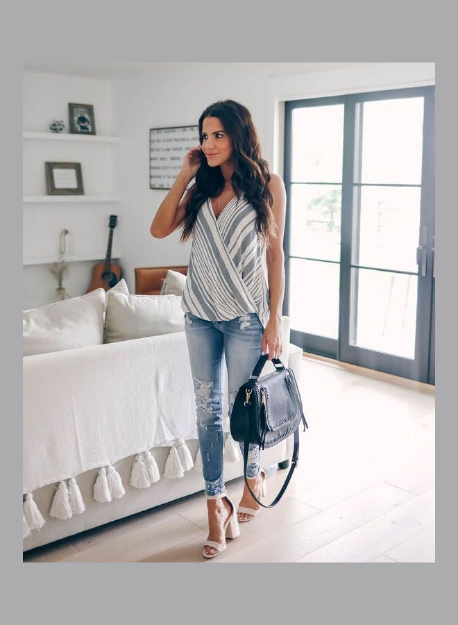 V-Neck Sleeveless Casual Sling Top Grey/White  - Image 3