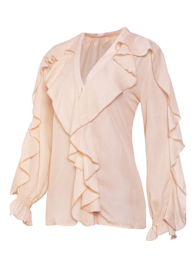 Trumpet Sleeve Chiffon Top Beige - Image 2
