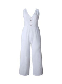 V-Neckline Pocket Solid Color Jumpsuit Bodysuit White