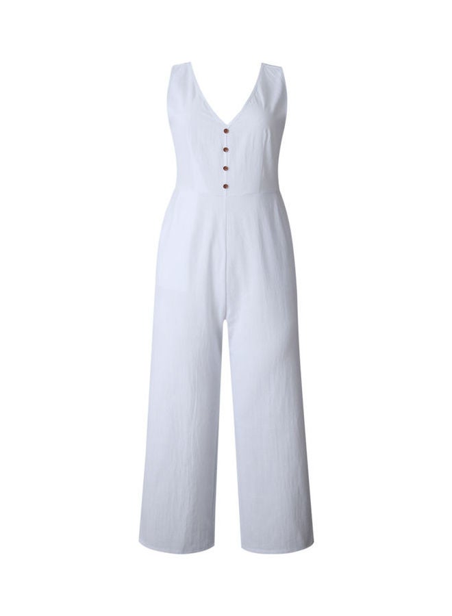 Generic - V-Neckline Pocket Solid Color Jumpsuit Bodysuit White - Image 1