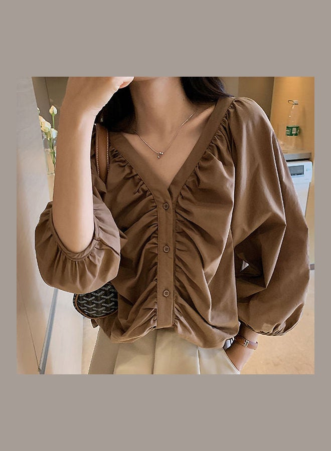 Solid V-Neck  Shirt Coffee - Image 3