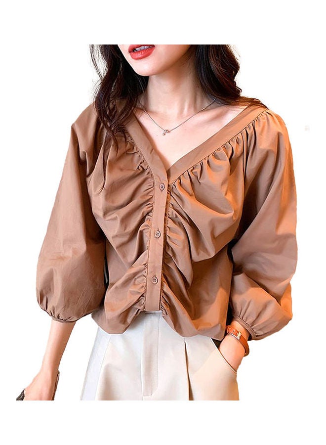 Solid V-Neck  Shirt Coffee - Image 1