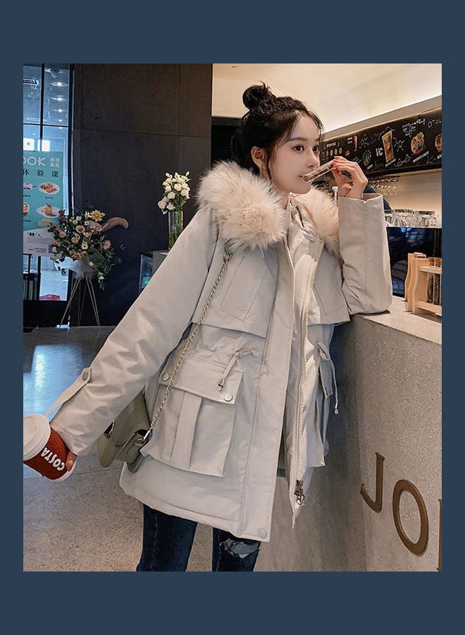 Slim Warm Hooded Wool Collar Jacket Beige - Image 1