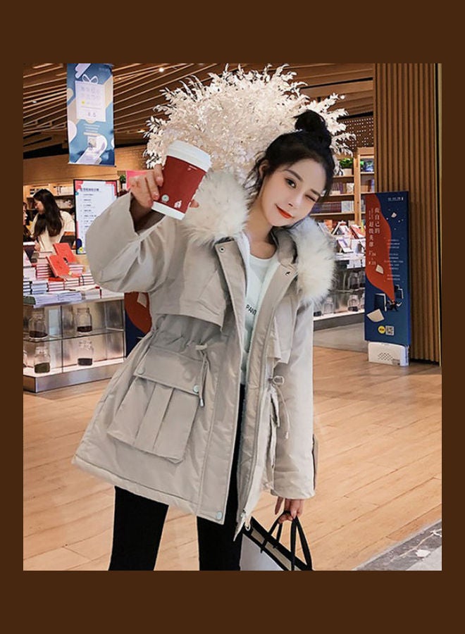 Slim Warm Hooded Wool Collar Jacket Beige - Image 2