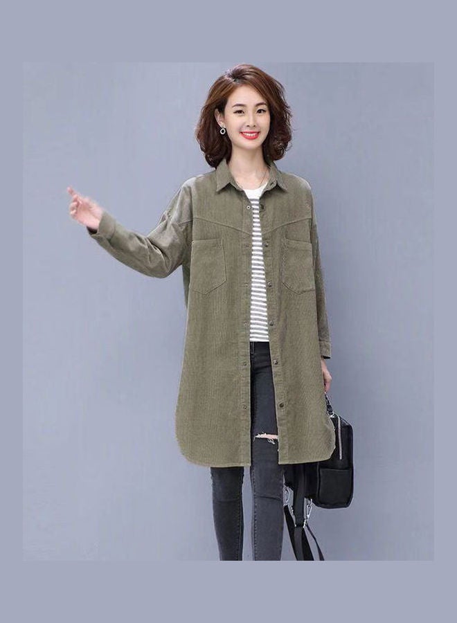 Covered Button Corduroy Blouse Casual Shirt For Woman Army Green - Image 1
