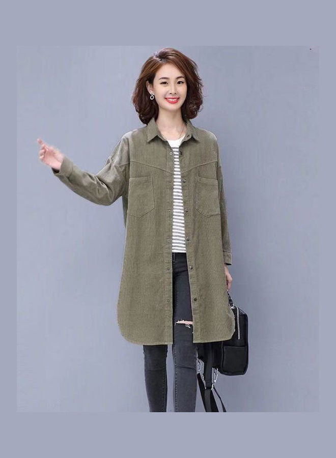 Covered Button Corduroy Blouse Casual Shirt For Woman Army Green - Image 2