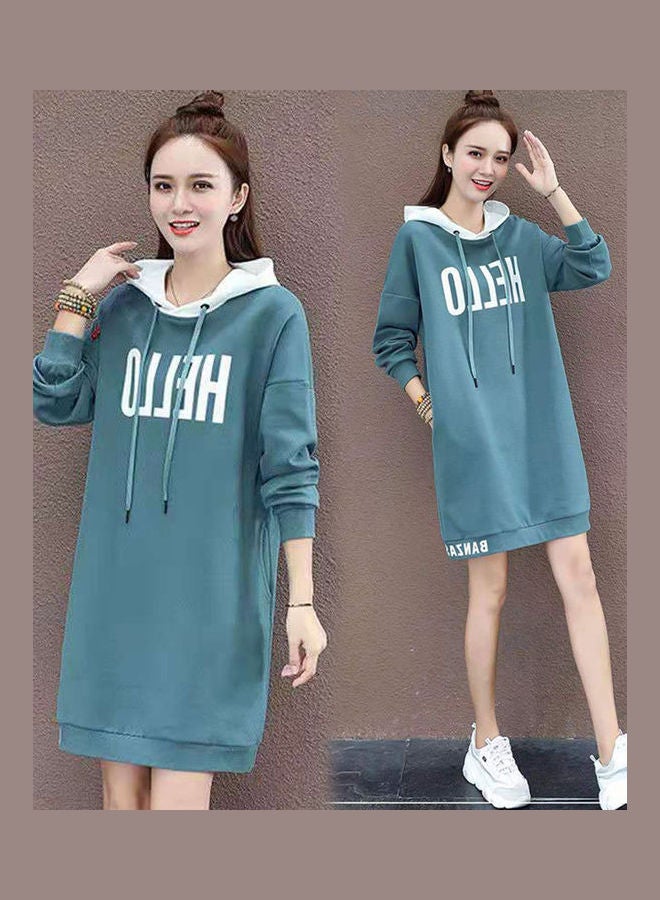 Thicken Middle Long Hoodie Sweatshirt Dress Light Blue - Image 1