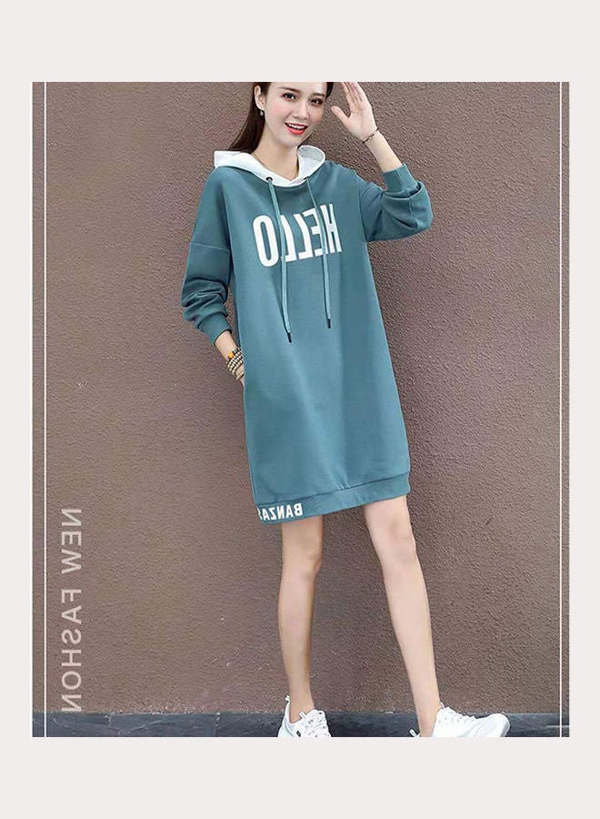 Thicken Middle Long Hoodie Sweatshirt Dress Light Blue - Image 2
