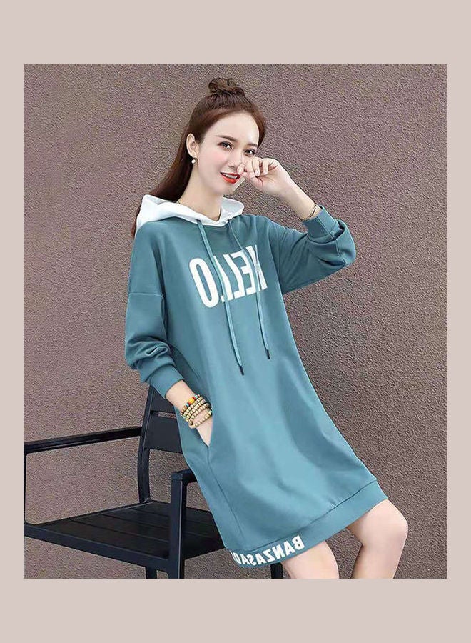 Thicken Middle Long Hoodie Sweatshirt Dress Light Blue - Image 4