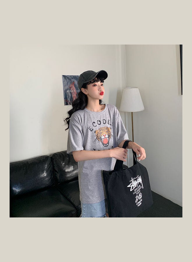 Generic Cartoon Tiger Letter Pullover T-Shirt Light Grey  - Image 5