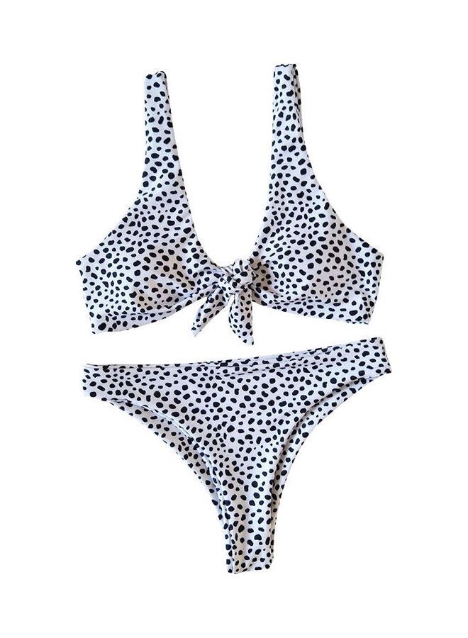 Women Dot Printing Double Straps Lacing Swimsuit White - Image 1
