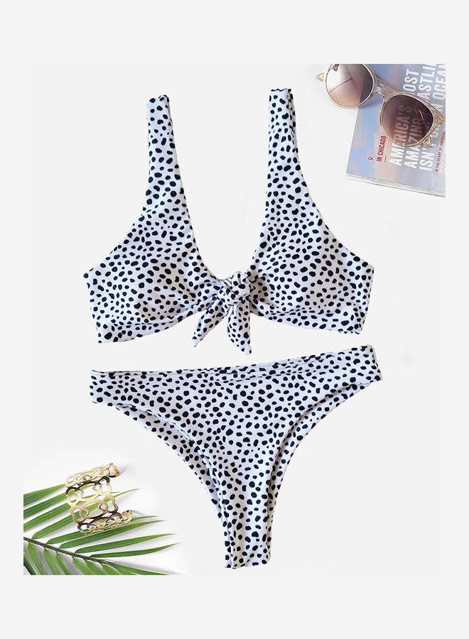 Women Dot Printing Double Straps Lacing Swimsuit White - Image 2
