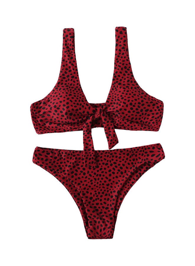 Women Dot Printing Double Straps Lacing Swimsuit Red - Image 1