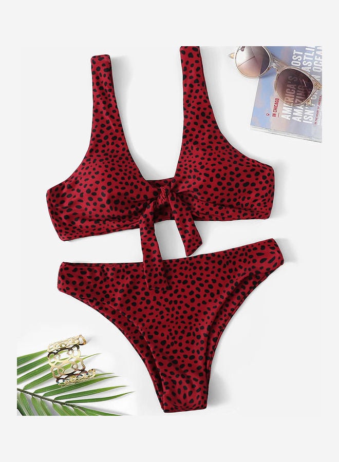 Women Dot Printing Double Straps Lacing Swimsuit Red - Image 2