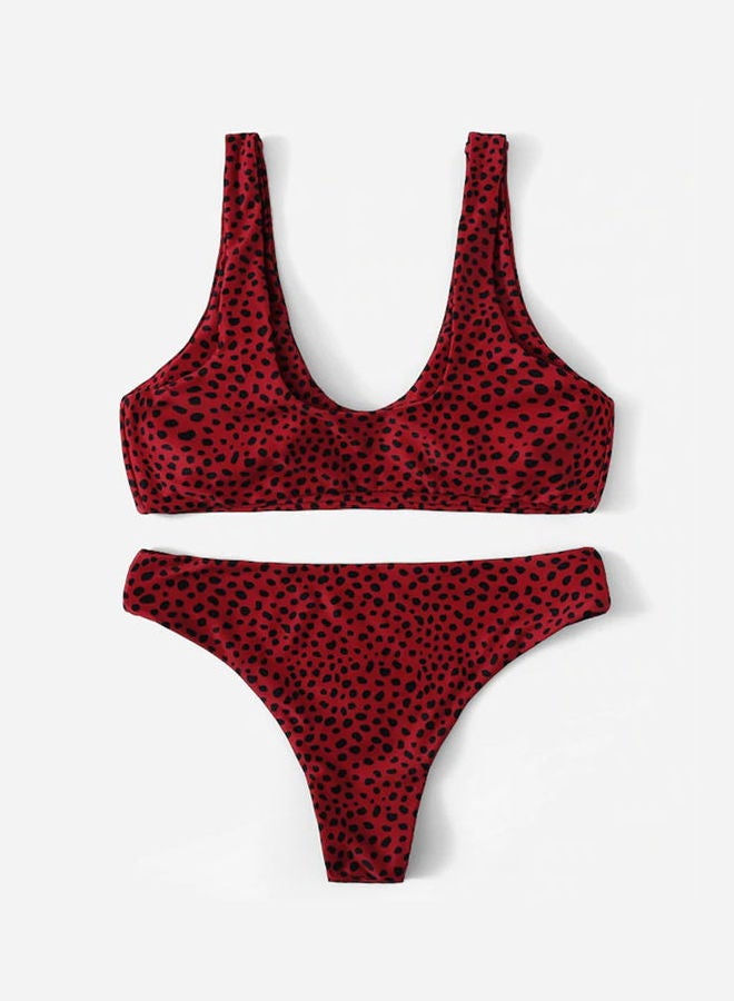 Women Dot Printing Double Straps Lacing Swimsuit Red - Image 3