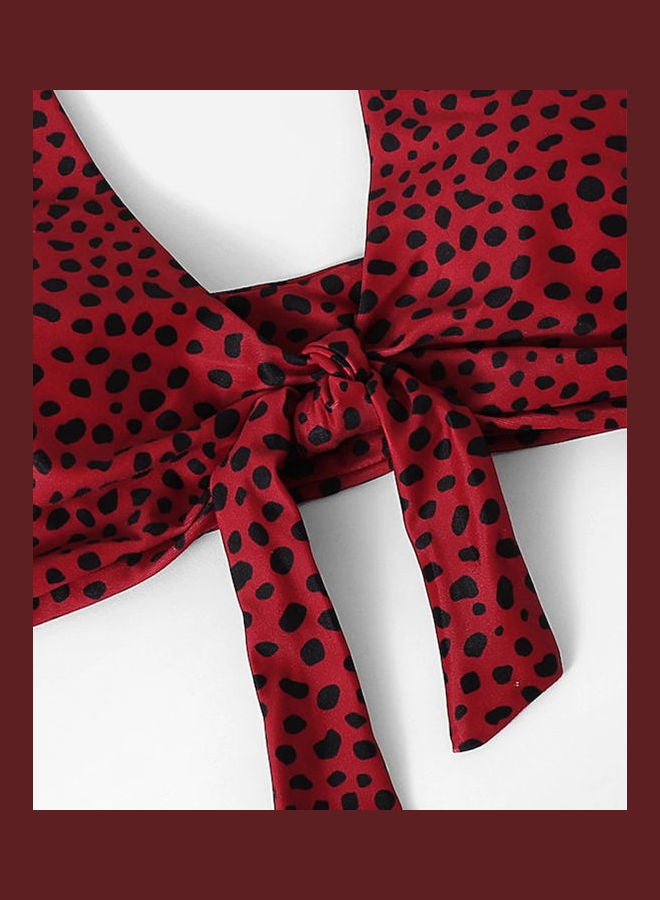 Women Dot Printing Double Straps Lacing Swimsuit Red - Image 4