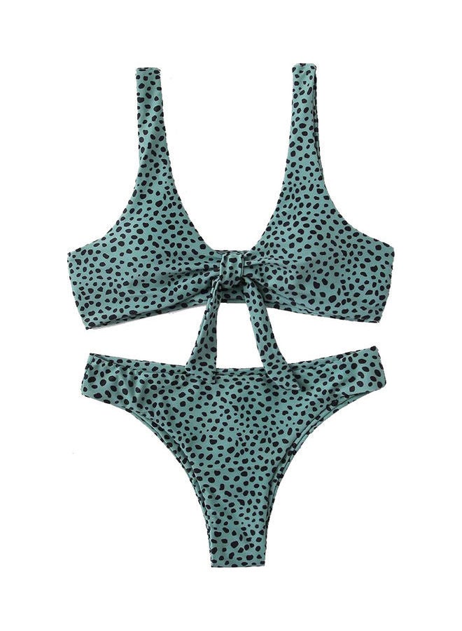 Women Dot Printing Double Straps Lacing Swimsuit Green - Image 1